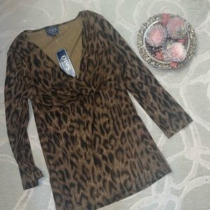 NWT🌷CHAPS 🌷Brown leopard print lined polyester mesh v-neck 3/4 sleeve top